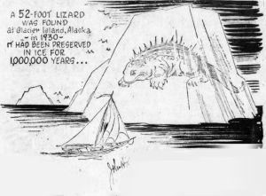 Fig. 4: Artistic sketch of an '52-foot lizard' frozen in an iceberg. Image: 'Strange as it seems', 1930.
