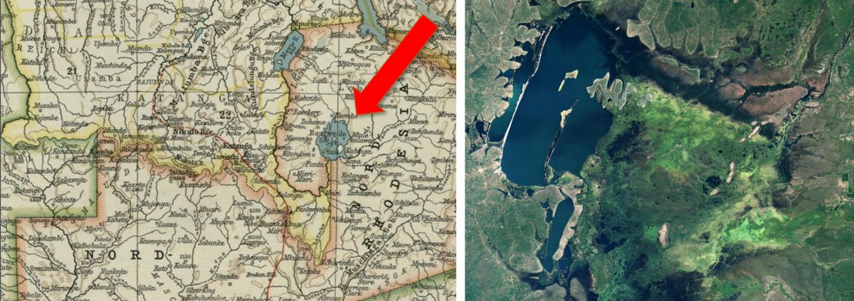 Comparison of Lake Bangweolo on a historical map and a modern satellite image, showing the lake and its surrounding wetland system.