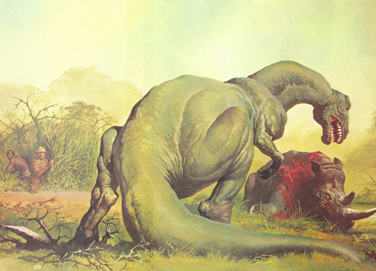 Gino D’Achille illustration depicting a theropod-like creature attacking or feeding on a rhinoceros in a swamp while two human observers watch from nearby vegetation.