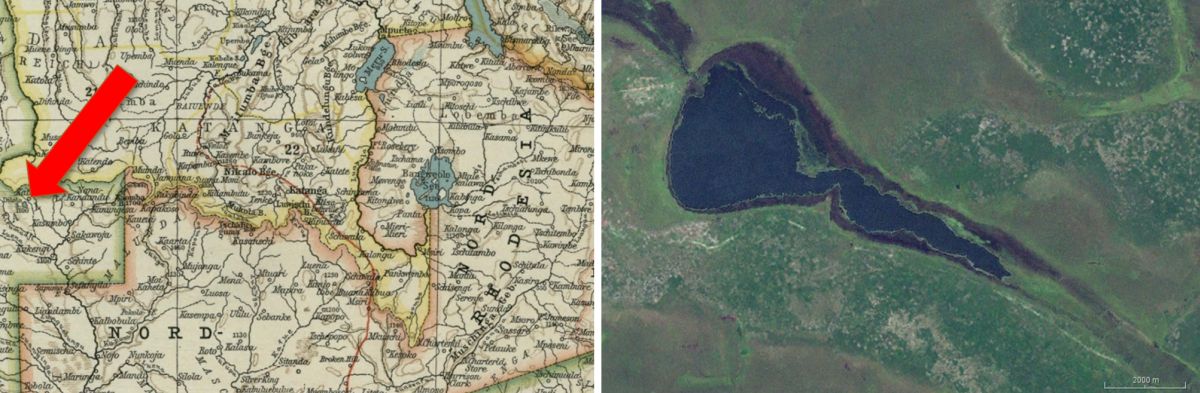 Comparison of Lake Dilolo on a historical map and a modern satellite image, illustrating the geographical setting associated with Grobler’s Angola-related statements.