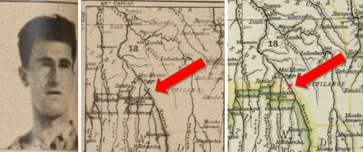 Composite figure showing a portrait attributed to Jan C. Johanson, a map detail from the original report, and a comparative historical map detail around Mount Kambuankale and the Kasai.