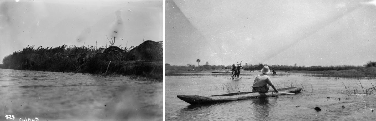 Two photographs from the Schomburgk expedition showing a lakeside or island settlement on Lake Bangweolo and an expedition member in a canoe.