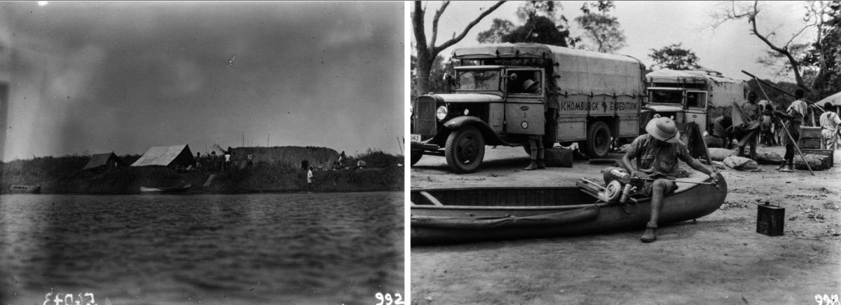 Two expedition photographs showing a camp scene with vehicles and an expedition member travelling by canoe during the Schomburgk expedition.
